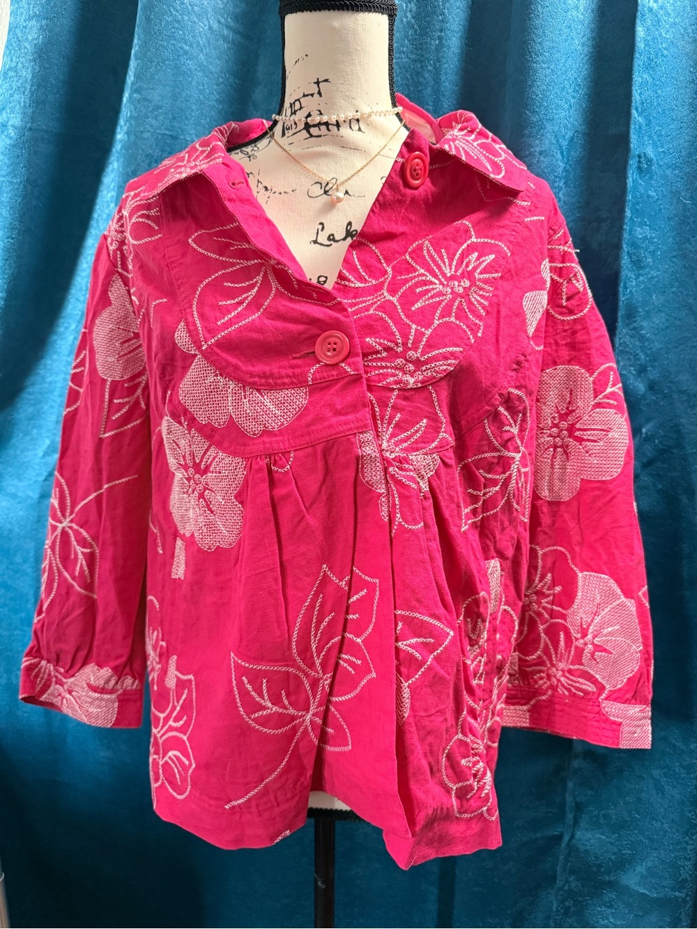 Chadwicks Bright Pink Floral Embroidered Button-Up Tunic